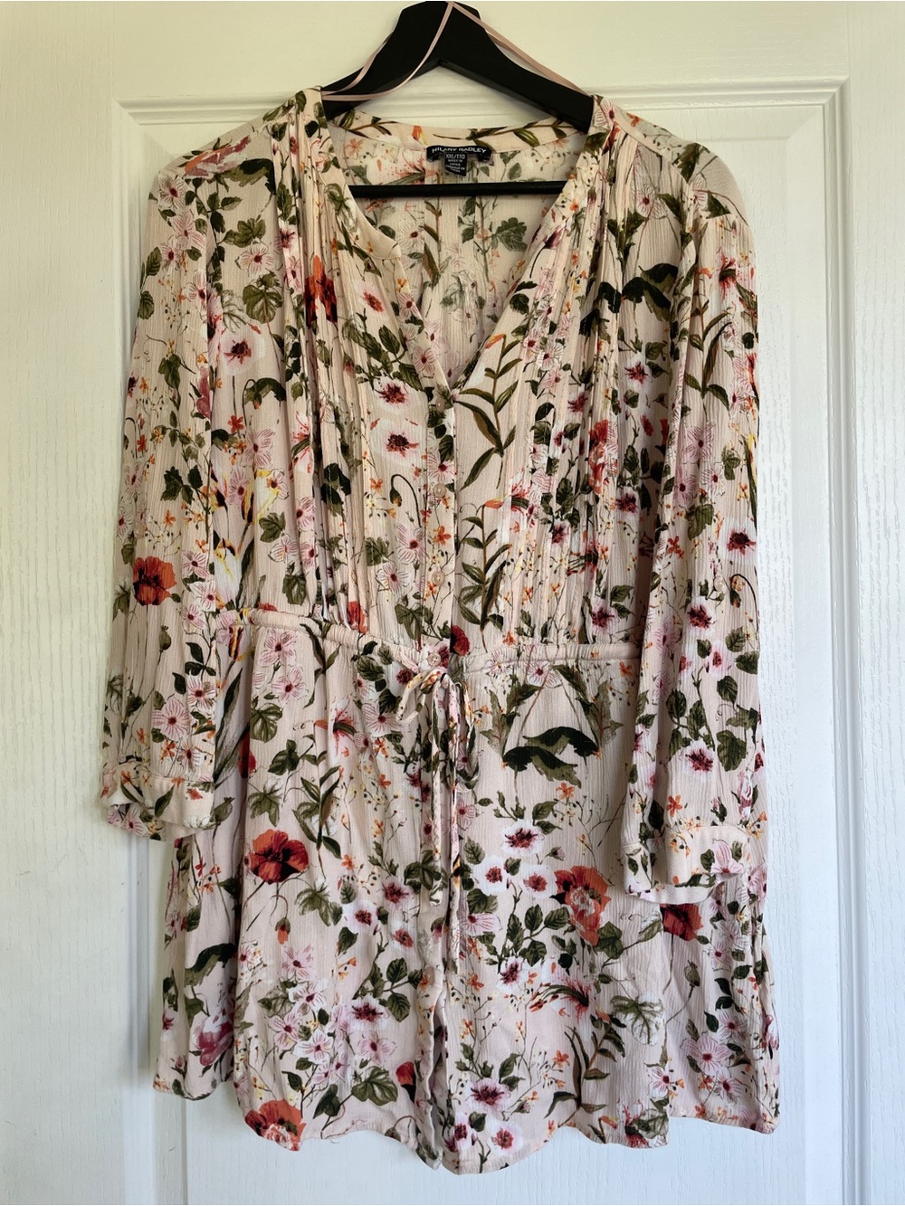 Hilary Radley Blush Floral 3/4 Sleeve Tie-Waist Tunic Top